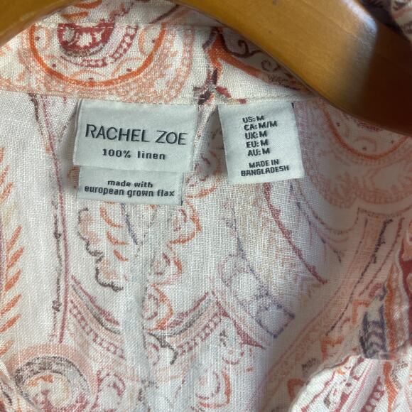 Rachel Zoe Linen Orange Paisley Blouse Tunic Size M V Neck European Flax Button - Picture 2 of 8